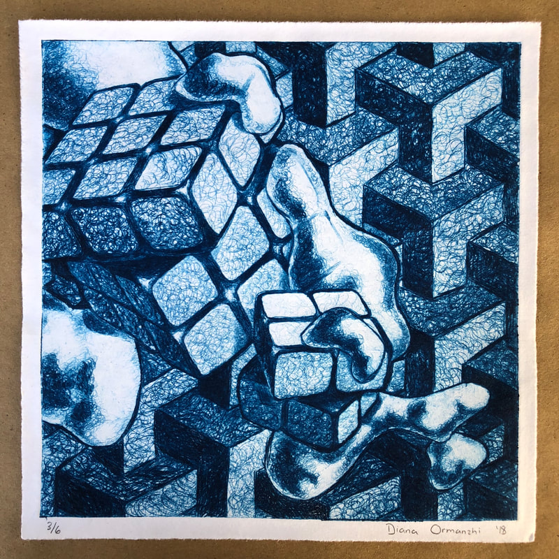 Cubik Rubik, Drypoint Etching, Diana Ormanzhi