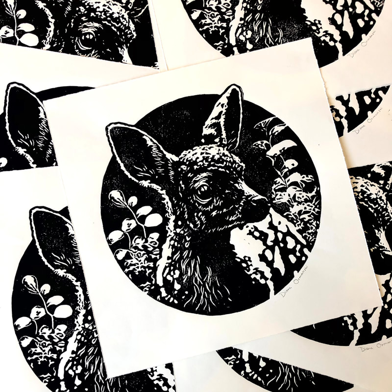 Deer, Linoleum blockprint, Diana Ormanzhi