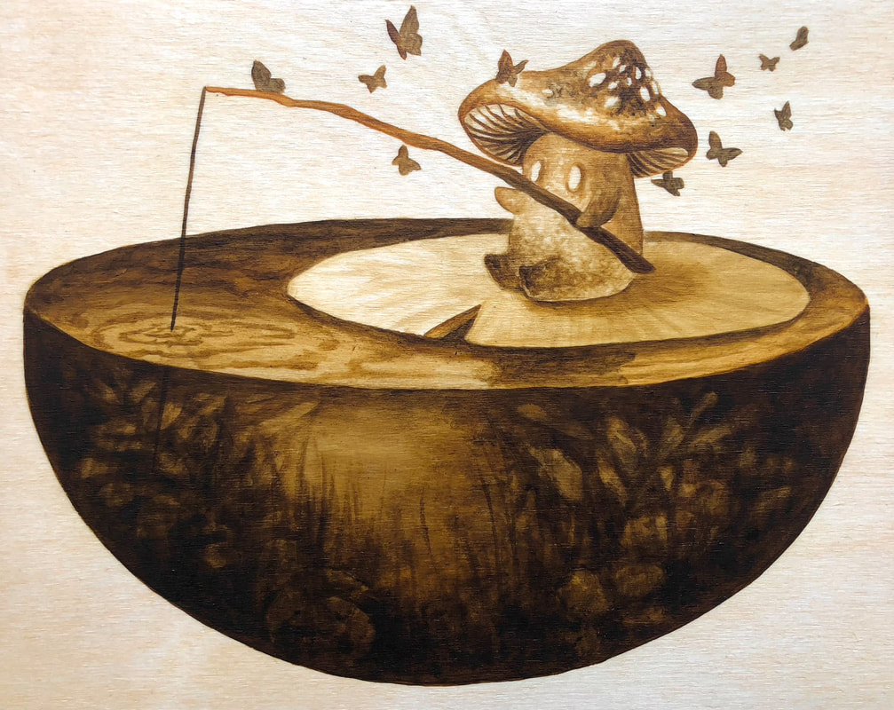 Sentient Shrooms: Fishing Trip, Acrylic Painting, Diana Ormanzhi