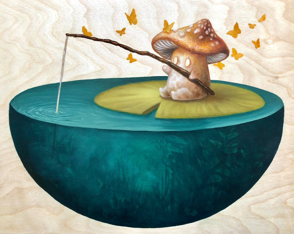 Sentient Shrooms: Fishing Trip, Oil Painting, Diana Ormanzhi